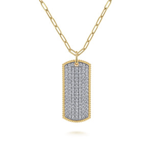 Gabriel & Co. NK6843-32Y45JJ 14 karat yellow gold Bujukan necklace, front view of the tag with its pave diamond face and beaded border on a paperclip chain