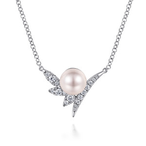 Gabriel & Co. NK6847W45PL 14 karat white gold Color necklace, front view of the pearl above the diamond lined leaves and curved blade