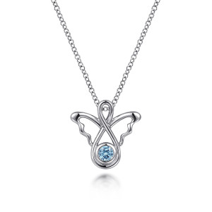 Gabriel & Co. NK6848SVJBT sterling silver Contemporary necklace, front view of the crossed ribbon loop, open wings and bezel set blue stone