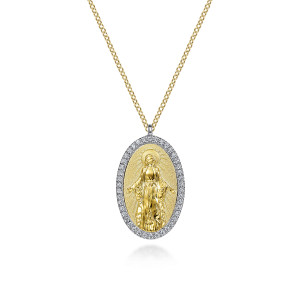 Gabriel & Co. NK6860M45JJ 14 karat white and yellow gold Contemporary necklace, front view of the oval medallion, its raised figure with halo and the diamond frame