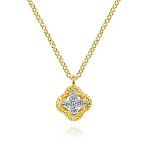 Gabriel & Co. NK6861M45JJ 14 karat white and yellow gold Hampton necklace, front view of the braided rope frame around the four prong set diamonds