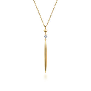 Gabriel & Co. NK6864Y45JJ 14 karat yellow gold Contemporary necklace, front view of the tapered spike, the polished square on point and the lone diamond above it