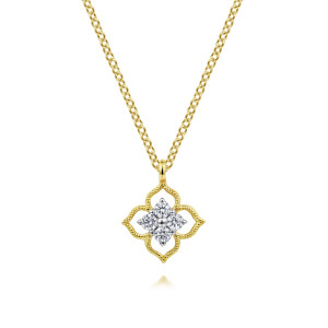 Gabriel & Co. NK6868Y45JJ 14 karat yellow gold Contemporary necklace, front view of the open four lobed frame with a milgrain edge and a tube bail