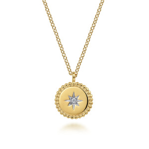 Gabriel & Co. NK6869Y45JJ 14 karat yellow gold Bujukan necklace, front view of the beaded disc and starburst hanging from its bail on the chain