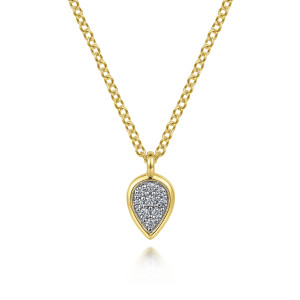 Gabriel & Co. NK6871Y45JJ 14 karat yellow gold Lusso necklace, front view of the pointed drop pendant with its polished rim and cluster of tiny stones