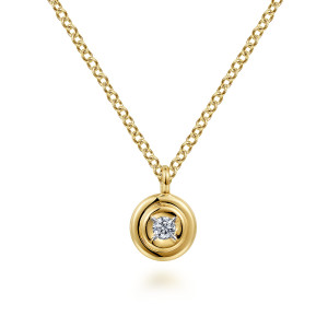 Gabriel & Co. NK6872Y45JJ 14 karat yellow gold Contemporary necklace, front view of the rounded disc with one prong set stone in a recessed center