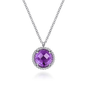 Gabriel & Co. NK6897SVJAM sterling silver Bujukan necklace, front view of a purple checkerboard faceted stone in a rim of polished metal beads