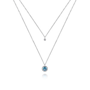 Gabriel & Co. NK6916SV5BT sterling silver Bujukan necklace, front view of the blue round stone in its beaded rim below the bezel diamond