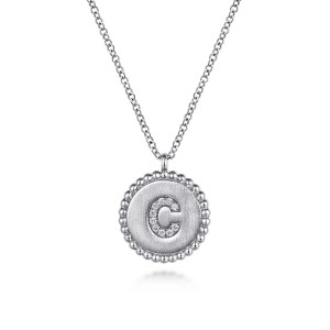 Gabriel & Co. NK6919C-SV5JJ sterling silver Bujukan necklace, front view of the brushed disc, pave letter and beaded rim on the chain