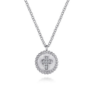 Gabriel & Co. NK6921SV5JJ sterling silver Bujukan necklace, front view of the brushed disc and its beaded rim hanging from the chain