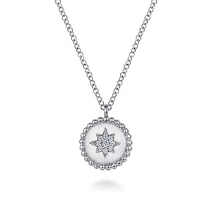 Gabriel & Co. NK6923SV5JJ sterling silver Bujukan necklace, front view of the beaded rim disc with its brushed face and pave star