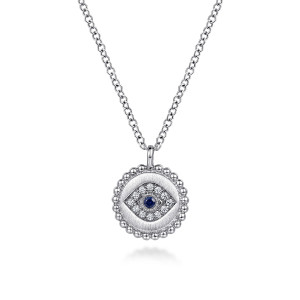 Gabriel & Co. NK6924SV5SB sterling silver Bujukan necklace, front view of the brushed disc, polished bead rim and blue stone in an almond frame