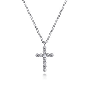 Gabriel & Co. NK6927SV5JJ sterling silver Bujukan necklace, front view of a bead armed cross with one prong set diamond at the crossing
