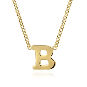Gabriel & Co. NK6928B-Y4JJJ 14 karat yellow gold Contemporary necklace, front view of the polished letter with small rings at each top corner