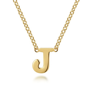 Gabriel & Co. NK6928J-Y4JJJ 14 karat yellow gold Contemporary necklace, front view of the polished letter J with a chain loop at each end of its top bar