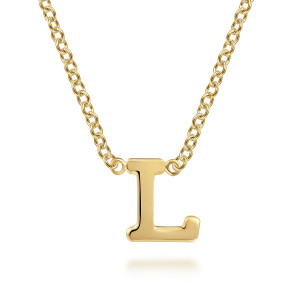 Gabriel & Co. NK6928L-Y4JJJ 14 karat yellow gold Contemporary necklace, front view of the letter L with flat serifs and a loop at each top corner