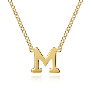 Gabriel & Co. NK6928M-Y4JJJ 14 karat yellow gold Contemporary necklace, front view of the letter M with its serif feet and oval chain links at the top corners