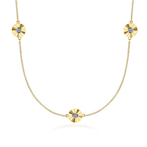 Gabriel & Co. NK6939-32M45JJ 14 karat white and yellow gold Contemporary necklace, close detail of ridged round discs, each with one bezel set diamond on a fine chain
