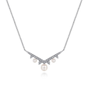 Gabriel & Co. NK6952W45PL 14 karat white gold Color necklace, front view of the pave V with a larger pearl at its point