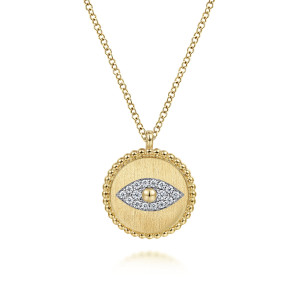 Gabriel & Co. NK6957Y45JJ 14 karat yellow gold Bujukan necklace, front view of the bead rimmed disc, brushed face and almond diamond field