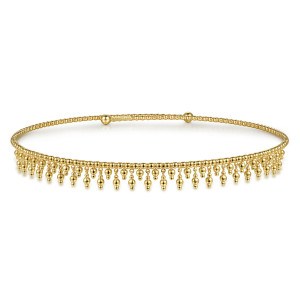 Gabriel & Co. NK6976Y4JJJ 14 karat yellow gold Bujukan necklace, front view of the bead strand with graduated dangles and a ball tip at each end