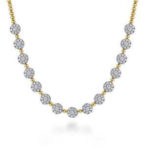 Gabriel & Co. NK6977M45JJ 14 karat white and yellow gold Bujukan necklace, close detail of round diamond clusters with a center diamond, separated by single metal beads