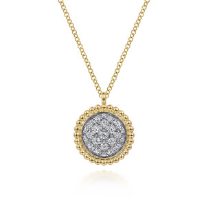 Gabriel & Co. NK6978Y45JJ 14 karat yellow gold Bujukan necklace, front view of the round pave disc inside its beaded rim and smooth bail