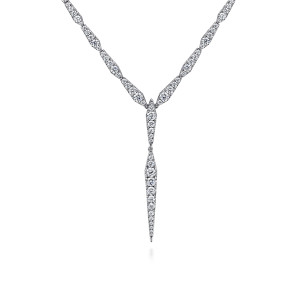 Gabriel & Co. NK6985W84JJ 18 karat white gold Kaslique necklace, front view of the tapered sections meeting in a V above the spike drop