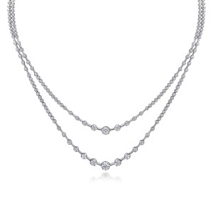 Gabriel & Co. NK6986W84JJ 18 karat white gold Lusso necklace, front view of both strands with diamonds growing larger toward the center