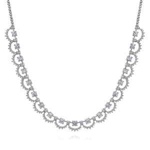 Gabriel & Co. NK6988W84JJ 18 karat white gold Lusso necklace, front view of open diamond arcs hanging beneath a line of prong set round diamonds