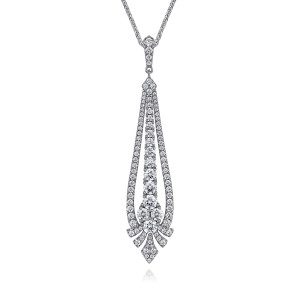 Gabriel & Co. NK6992W84JJ 18 karat white gold Kaslique necklace, front view of the tapering pave drop with its graduated center line and pointed fan end