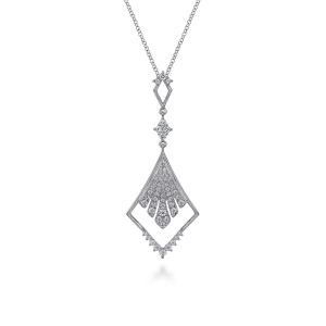 Gabriel & Co. NK6994W45JJ 14 karat white gold Lusso necklace, front view of the stacked kite drop with a diamond fan inside an open frame