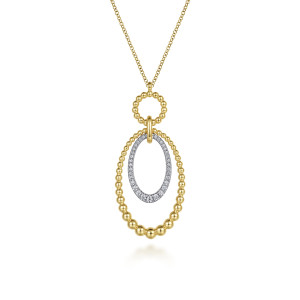Gabriel & Co. NK6995M45JJ 14 karat white and yellow gold Bujukan necklace, front view of the beaded ring, graduated beaded oval and paved inner oval
