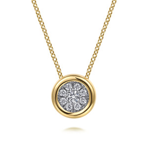 Gabriel & Co. NK6999M45JJ 14 karat white and yellow gold Contemporary necklace, front view of the polished round rim around a cluster of prong set diamonds