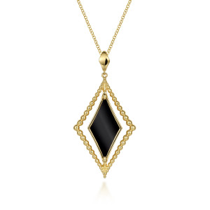 Gabriel & Co. NK7002Y4JOX 14 karat yellow gold Bujukan necklace, front view of a black rhombus stone inside a beaded frame with a faceted bail