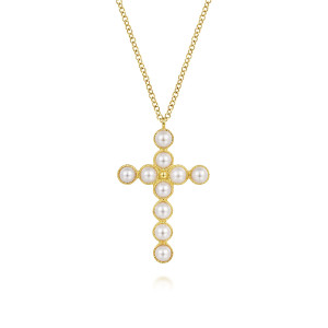 Gabriel & Co. NK7006Y4JPL 14 karat yellow gold Bujukan necklace, front view of a pearl cross with beaded bezel edges and a bead at the crossing