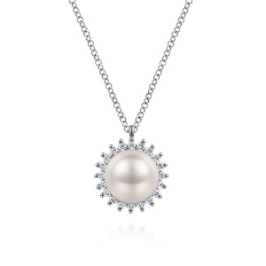 Gabriel & Co. NK7037W45PL 14 karat white gold Color necklace, front view of the pearl and its pointed halo of diamonds on a cable chain