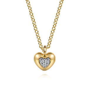 Gabriel & Co. NK7040Y45JJ 14 karat yellow gold Contemporary necklace, front view of the domed heart, its inset diamond cluster and a round top loop