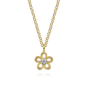 Gabriel & Co. NK7051Y45JJ 14 karat yellow gold Contemporary necklace, front view of the open petal flower with a milgrain edge and a tube bail