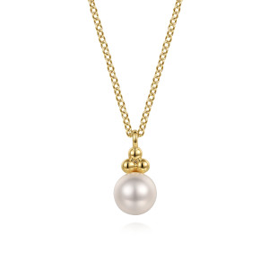 Gabriel & Co. NK7055Y4JPL 14 karat yellow gold Bujukan necklace, front view of the round pearl, the metal bead cap and the bail