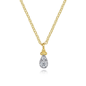 Gabriel & Co. NK7056Y45JJ 14 karat yellow gold Bujukan necklace, front view of the teardrop, its two stacked diamonds and the bead cluster above