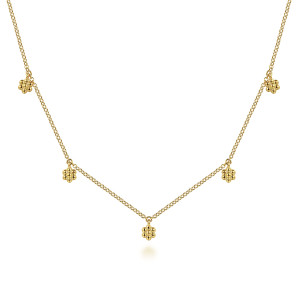 Gabriel & Co. NK7069Y4JJJ 14 karat yellow gold Bujukan necklace, front view of round bead clusters dangling from the fine link chain