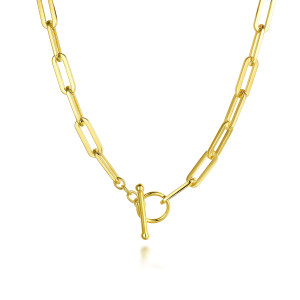 Gabriel & Co. NK7091Y4JJJ 14 karat yellow gold Bujukan necklace, front view of the toggle ring and ball ended bar between flat links