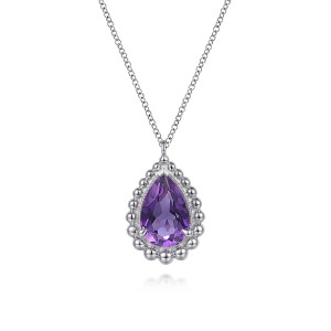 Gabriel & Co. NK7096SVJAM sterling silver Bujukan necklace, front view of the purple pear shaped stone, beaded frame and small loop bail