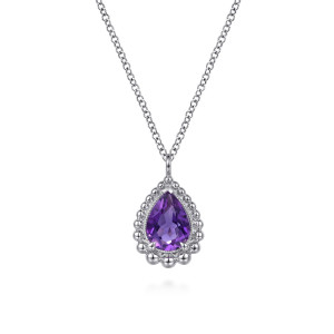 Gabriel & Co. NK7097SVJAM sterling silver Bujukan necklace, front view of the purple pear stone inside its teardrop frame of polished beads
