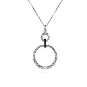 Gabriel & Co. NK7098SVJBS sterling silver Bujukan necklace, front view of the two beaded circles and the black stone link between them