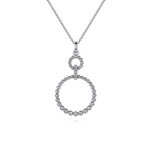 Gabriel & Co. NK7098SVJWS sterling silver Bujukan necklace, front view of both open metal bead circles, the stone bar between them and the bail