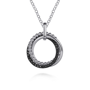 Gabriel & Co. NK7100-24SVJBS sterling silver Bujukan necklace, front view of overlapping open rings, one of metal beads and one set with small black stones