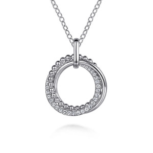 Gabriel & Co. NK7100-24SVJWS sterling silver Bujukan necklace, front view of three overlapping rings with beads, stones and a rounded bail