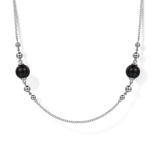 Gabriel & Co. NK7105-32SVJOX sterling silver Bujukan necklace, front view of glossy black beads flanked by small polished metal beads on a fine chain